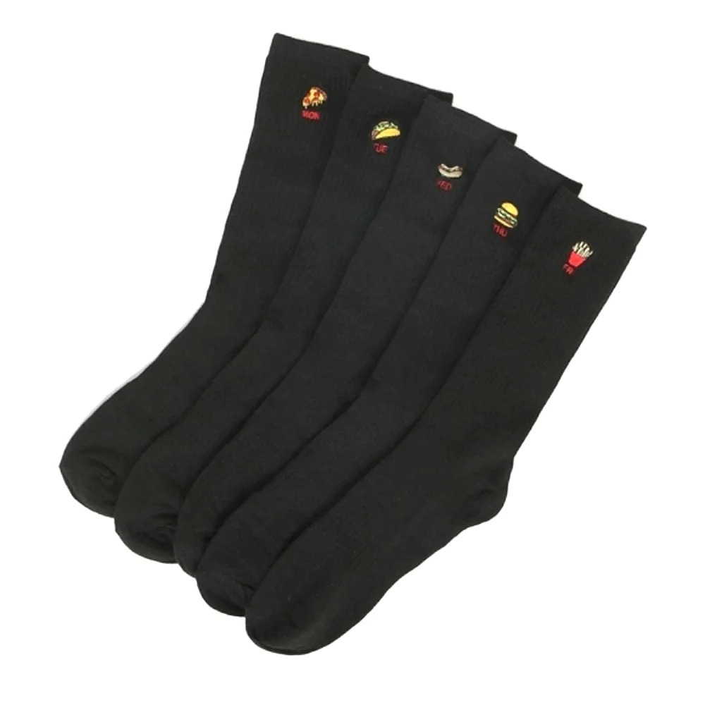 Amnesia Men's 5 Pairs Black Fast Food Embroidered Graphic Black Crew Socks
